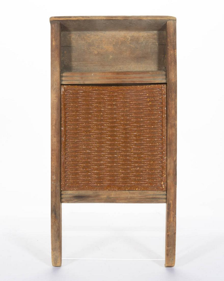 AMERICAN EARTHENWARE / REDWARE AND WOOD CHILD'S / TOY: AMERICAN EARTHENWARE / REDWARE AND WOOD CHILD'S / TOY WASHBOARD, having a lead-glazed panel insert with raised alternating ribbing on the front side, poplar frame with original dry natural surface. Ea