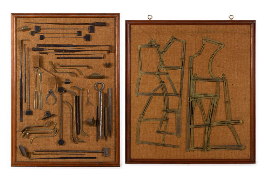 VINTAGE FRAMED TOOLS, LOT OF TWO: VINTAGE FRAMED TOOLS, LOT OF TWO, assorted printing press tools. Mid 20th century. One 34 1/4" x 24 1/4" OA. Provenance: From the Joseph and June Hennage collection, to benefit the Colonial Williamsbu