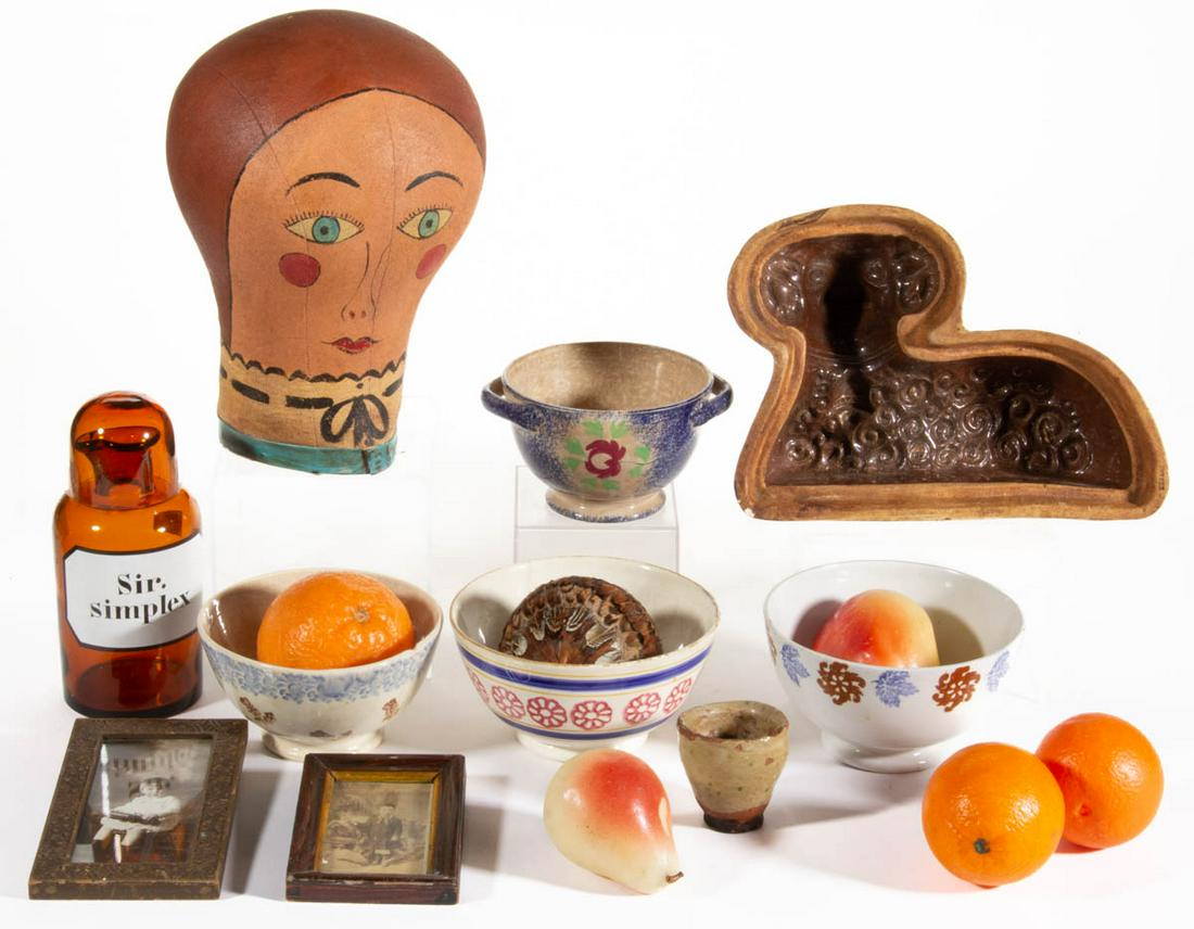 ASSORTED DOMESTIC ARTICLES, LOT OF 16: ASSORTED DOMESTIC ARTICLES, LOT OF 16, including a hand-painted milliners head signed "J POOLE 1981" to lower back, a figural lamb food mold stamped "KERAMO" to rim, three bowls having floral stick sp