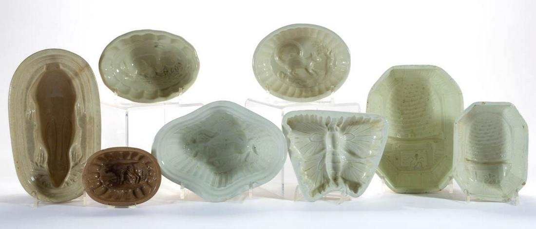 ASSORTED ANIMAL MOTIF CERAMIC FOOD / JELLY MOLDS, LOT: ASSORTED ANIMAL MOTIF CERAMIC FOOD / JELLY MOLDS, LOT OF EIGHT, comprising a squirrel on a branch, a butterfly/moth, impressed "COPELAND" to underside, two bee skeps, a figure milking a cow, and three