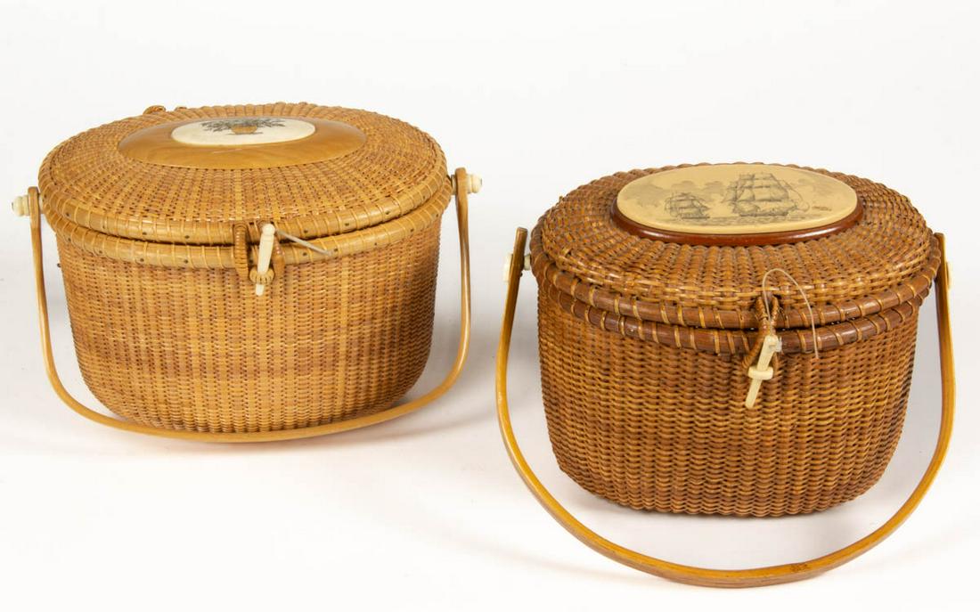 NANTUCKET PURSE BASKETS, LOT OF TWO: NANTUCKET PURSE BASKETS, LOT OF TWO, each featuring scrimshaw decoration, comprising one with a flowering Nantucket basket, branded with a "B" to the underside, and the other example with clipper ship