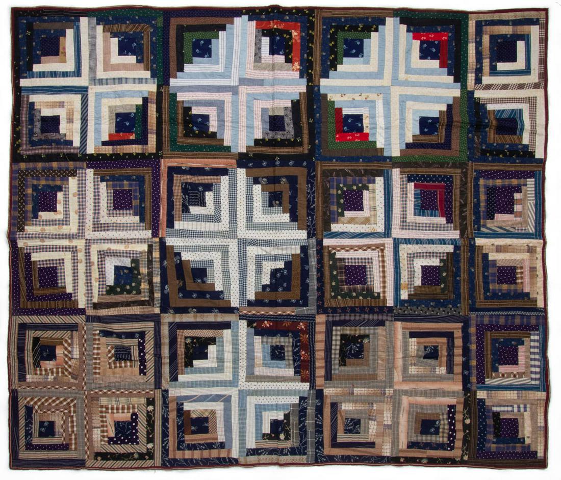 SHENANDOAH VALLEY OF VIRGINIA "LOG CABIN - LIGHT AND: SHENANDOAH VALLEY OF VIRGINIA "LOG CABIN - LIGHT AND DARK" PIECED QUILT, hand- and machine-stitched, 42 pattern blocks in various print fabrics having indigo blue centers, made of over 700 pieces, out