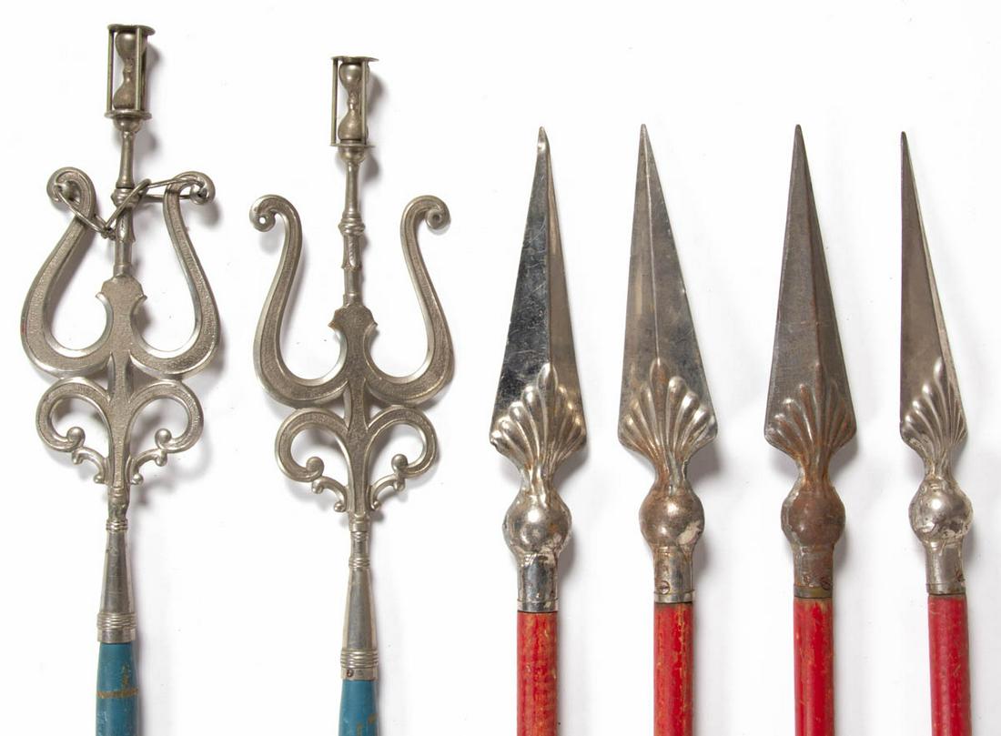 AMERICAN ODD FELLOWS / LODGE CEREMONIAL STAFFS, LOT OF: AMERICAN ODD FELLOWS / LODGE CEREMONIAL STAFFS, LOT OF SIX, including spear head examples and hour glass, each with original painted shafts. Late 19th/first quarter 20th century. 75 1/4" HOA. Provenan