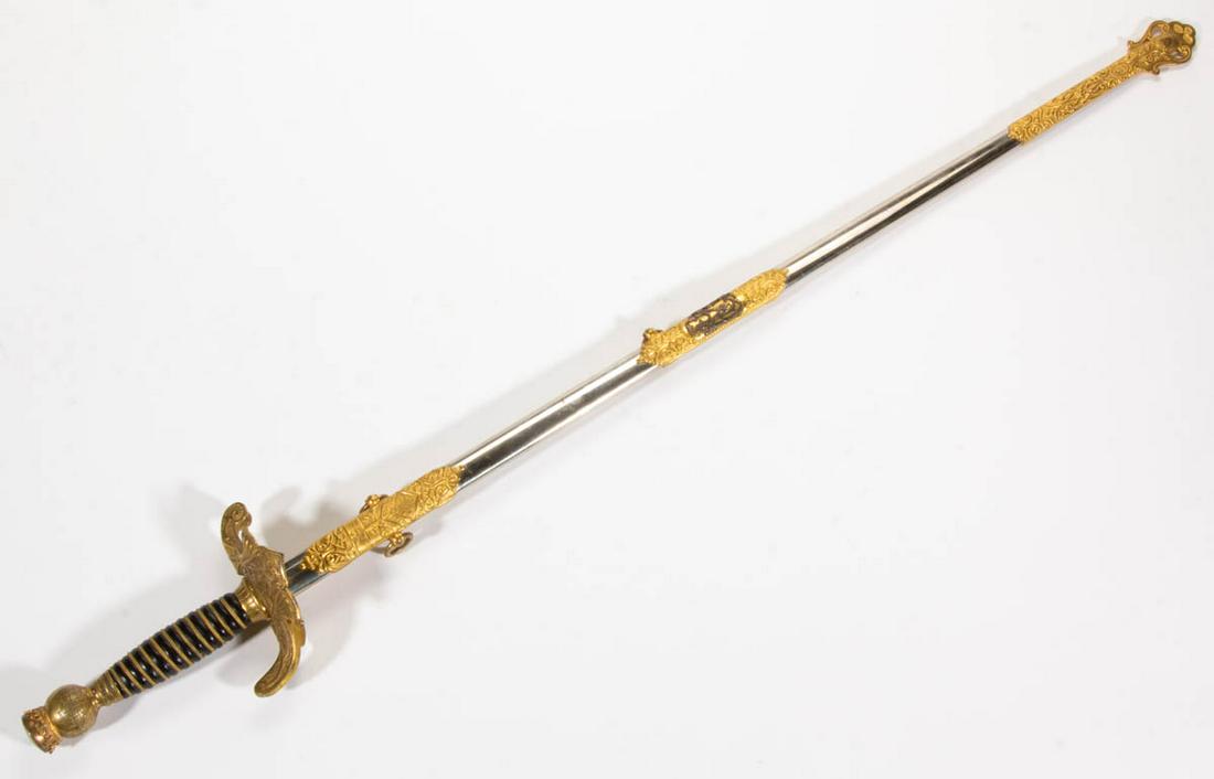 PETTIBONE BROTHERS ODD FELLOWS / PATRIARCHS MILITANT: PETTIBONE BROTHERS ODD FELLOWS / PATRIARCHS MILITANT CEREMONIAL SWORD WITH SCABBARD, blade marked for "D.P. Medernach", pommel in the form of a globe adorned with a crown. Pettibone Brothers Manufactu