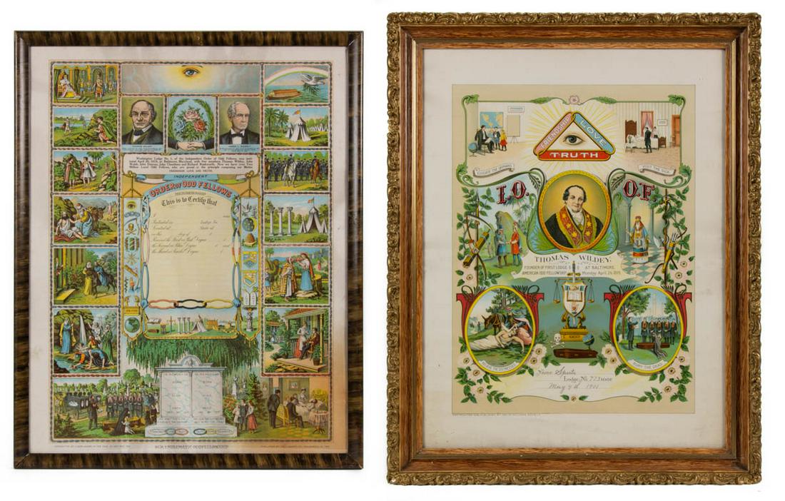 AMERICAN ODD FELLOWS / LODGE PRINTS, LOT OF TWO: AMERICAN ODD FELLOWS / LODGE PRINTS, LOT OF TWO, lithographs on paper, comprising one depicting Thomas Widely and inscribed for "Sparta Lodge 773", and one titled "OUR EMBLEMATIC ODDFELLOWSHIP". Each 