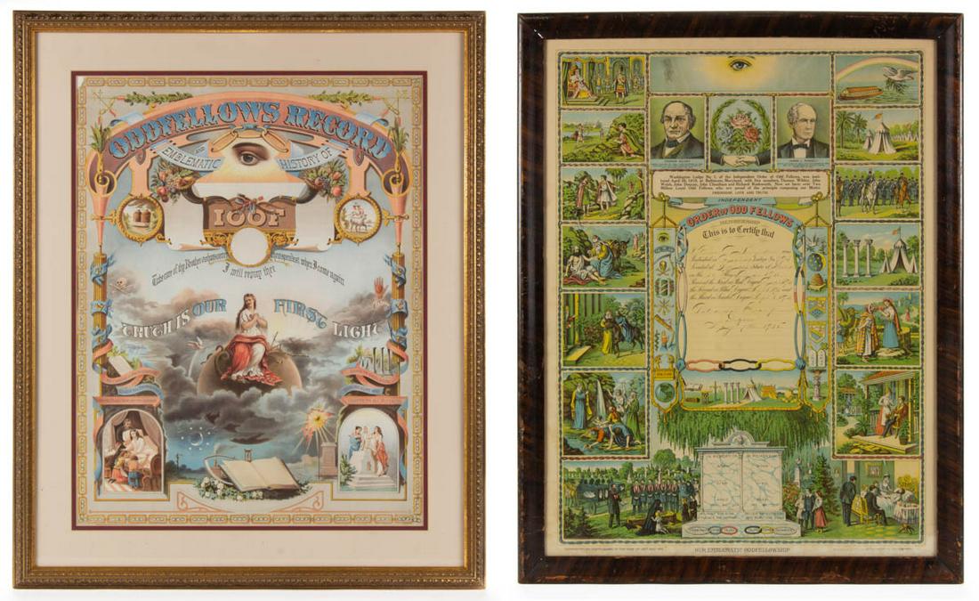 AMERICAN ODD FELLOWS / LODGE PRINTS, LOT OF TWO: AMERICAN ODD FELLOWS / LODGE PRINTS, LOT OF TWO, lithographs on paper, comprising a Record, and certificate with inscribed Pennsylvania history for "Patriarchal Encampment / Degrees / May 7th 1918". O