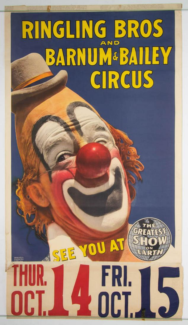 RINGLING BROTHER AND BARNUM & BAILEY CIRCUS POSTER: RINGLING BROTHER AND BARNUM & BAILEY CIRCUS POSTER, lithograph on paper, depicting Lou Jacobs, after a photograph by Maxwell Fredric Coplan (American, 1912-1985), stamped "Bill Posters & Billers / Uni