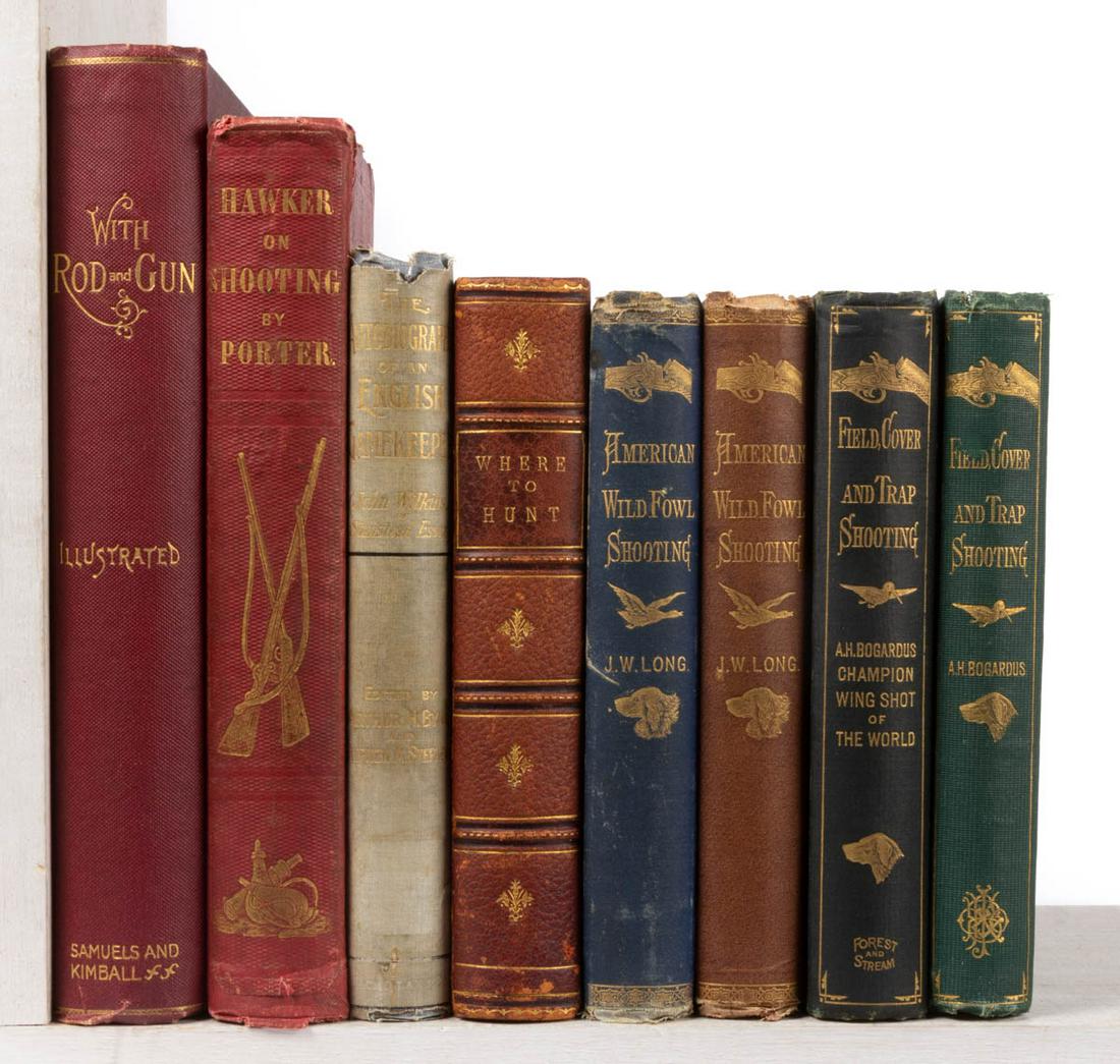 ANTIQUARIAN SPORTING / HUNTING VOLUMES, LOT OF EIGHT: ANTIQUARIAN SPORTING / HUNTING VOLUMES, LOT OF EIGHT, including Hawker, "Instructions to Young Sportsmen, in All That Relates to Guns and Shooting", 1846; Samuels, "With Rod and Gun in New England and