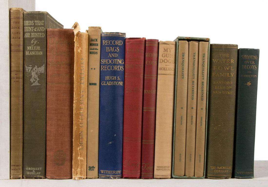 ASSORTED SPORTING / HUNTING VOLUMES, LOT OF 14: ASSORTED SPORTING / HUNTING VOLUMES, LOT OF 14, including Hamilton, "Shooting Over Decoys and other Hunting Tales", 1923; Holland, "My Gun Dogs", 1929; and Sanford, et al, "The Water-Fowl Family", 190