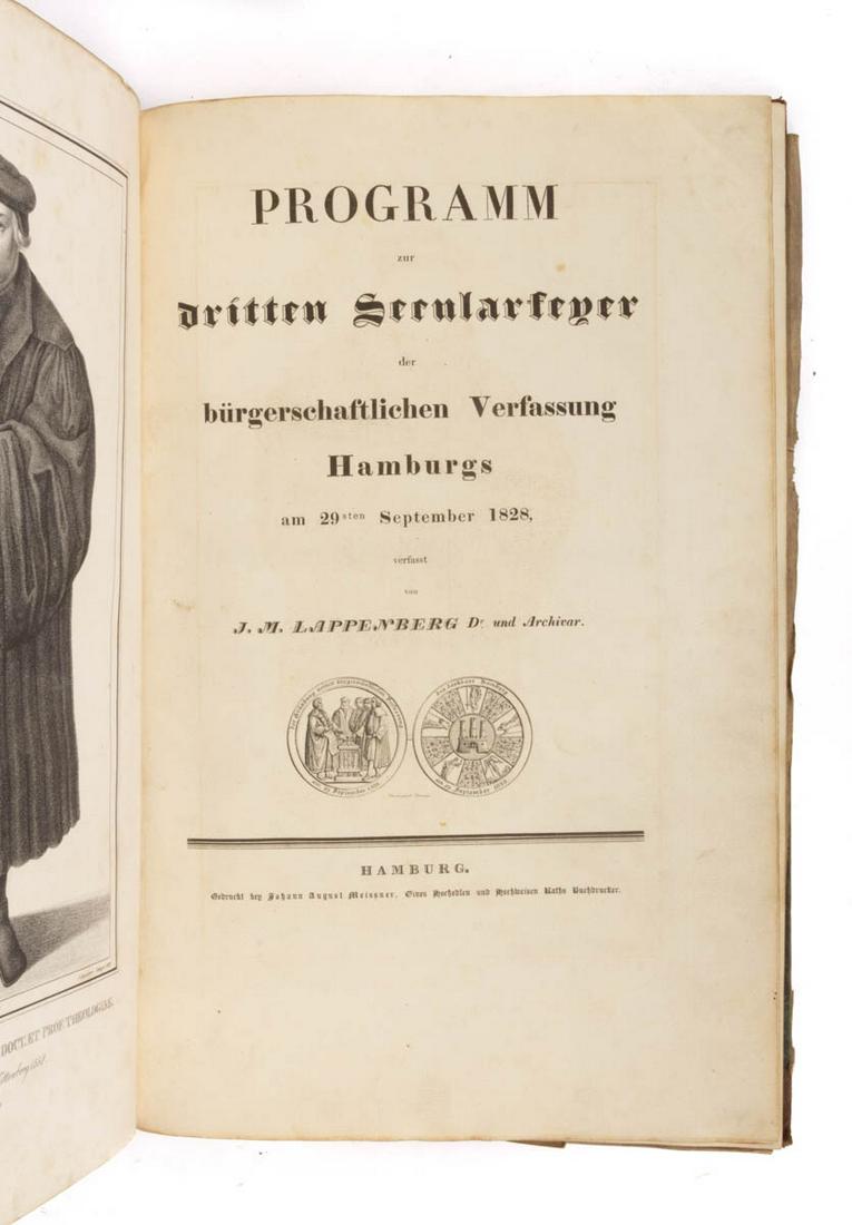 ANTIQUARIAN GERMAN LANGUAGE HAMBURG GOVERNMENT VOLUME: ANTIQUARIAN GERMAN LANGUAGE HAMBURG GOVERNMENT VOLUME, J. M. Lappenberg, "Programm zur dritten Secularfeyer der burgerschaftlichen Verfassung Hamburgs am 29sten September 1828." or "Program for the Th