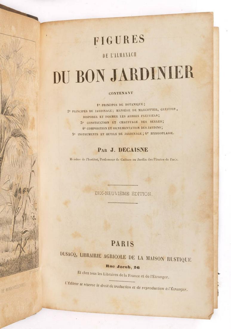 ANTIQUARIAN FRENCH LANGUAGE GARDENING / HORTICULTURE: ANTIQUARIAN FRENCH LANGUAGE GARDENING / HORTICULTURE VOLUMES, LOT OF SIX, almanacs dated 1857 and 1875, and "Gravures du Bon Jardinier" and "Figures de L'Almanach du Bon Jardinier", no dates. Original