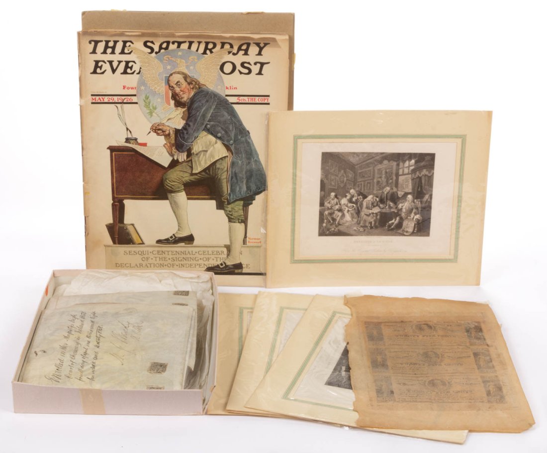 ASSORTED MANUSCRIPT AND EPHEMERA ARTICLES, LOT OF NINE: ASSORTED MANUSCRIPT AND EPHEMERA ARTICLES, LOT OF NINE, comprising a parchment 1871 Great Britain Patent with large hanging seal, an unissued sheet of 1837 Philadelphia Savings Institution Twenty-Five