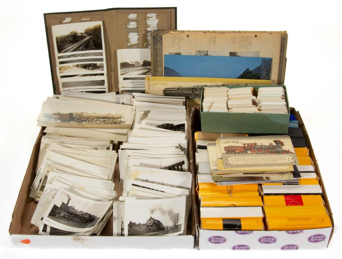 ASSORTED VINTAGE RAILROAD PHOTOGRAPHS AND EPHEMERA,: ASSORTED VINTAGE RAILROAD PHOTOGRAPHS AND EPHEMERA, UNCOUNTED LOT, including a large lot of black and white glossy photos of engines and trains, many in motion, B&O and other post cards, color slides,