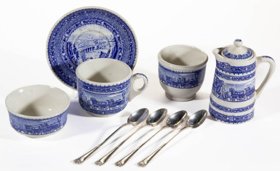BALTIMORE & OHIO RAILROAD DRINKING / TABLE ARTICLES,: BALTIMORE & OHIO RAILROAD DRINKING / TABLE ARTICLES, LOT OF NINE, comprising a chocolate pot, a cup and saucer, an open sugar bowl, and an egg cup, each having blue transfer-printed scene depicting "H