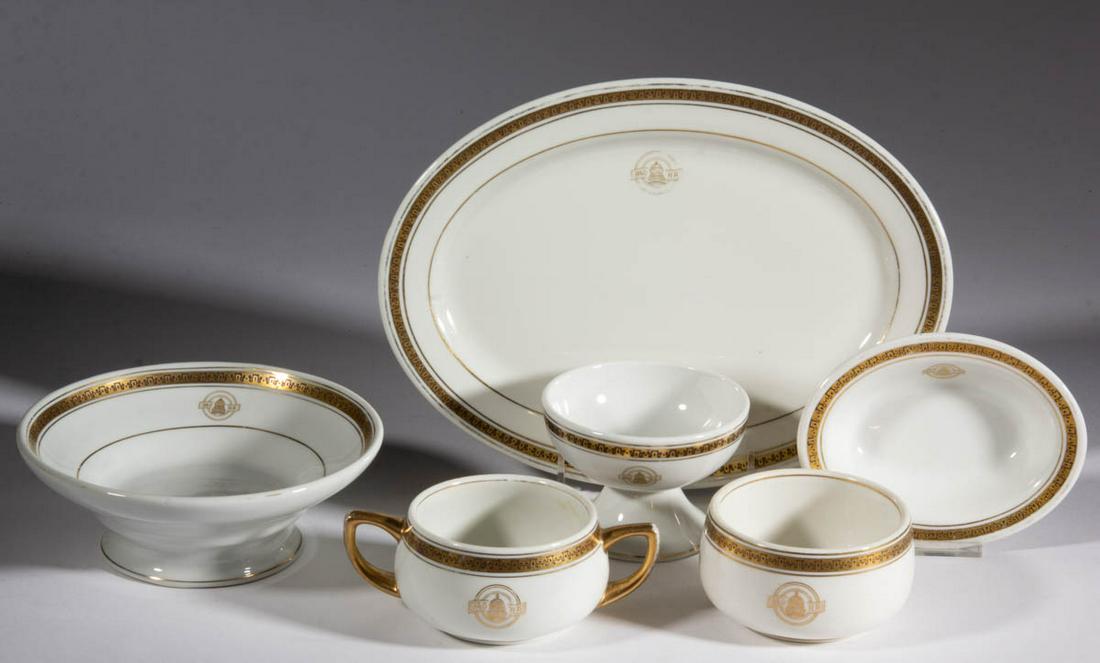 BALTIMORE & OHIO RAILROAD CERAMIC TEA / TABLE ARTICLES,: BALTIMORE & OHIO RAILROAD CERAMIC TEA / TABLE ARTICLES, LOT OF SIX, each featuring gilt Capitol pattern, comprising an oval platter, a small oval dish, two open sugar bowls including one with handles,