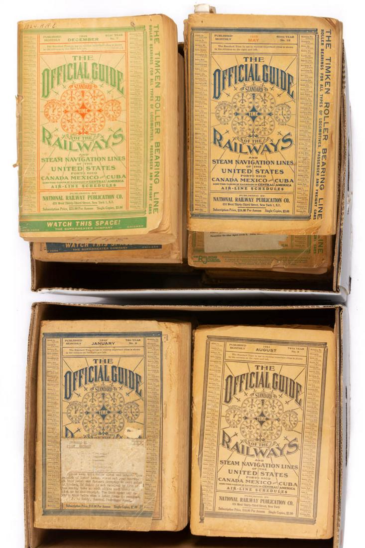 RAILROAD OFFICIAL 1940-49 TIME GUIDES, LOT OF 19: RAILROAD OFFICIAL 1940-49 TIME GUIDES, LOT OF 19, comprising "THE OFFICIAL GUIDE OF THE RAILWAYS AND STEAM NAVIGATION LINES OF THE UNITED STATES / PORTO RICO / CANADA MEXICO AND CUBA" including Januar