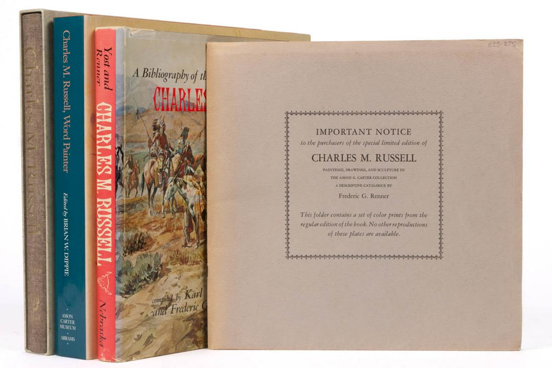 CHARLES RUSSELL WESTERN ART REFERENCE VOLUMES AND: CHARLES RUSSELL WESTERN ART REFERENCE VOLUMES AND PRINTS, LOT OF FOUR, comprising Renner, "Charles M. Russell: Paintings, Drawings, and Sculpture in the Amon G. Carter Collections", limited to 250 cop