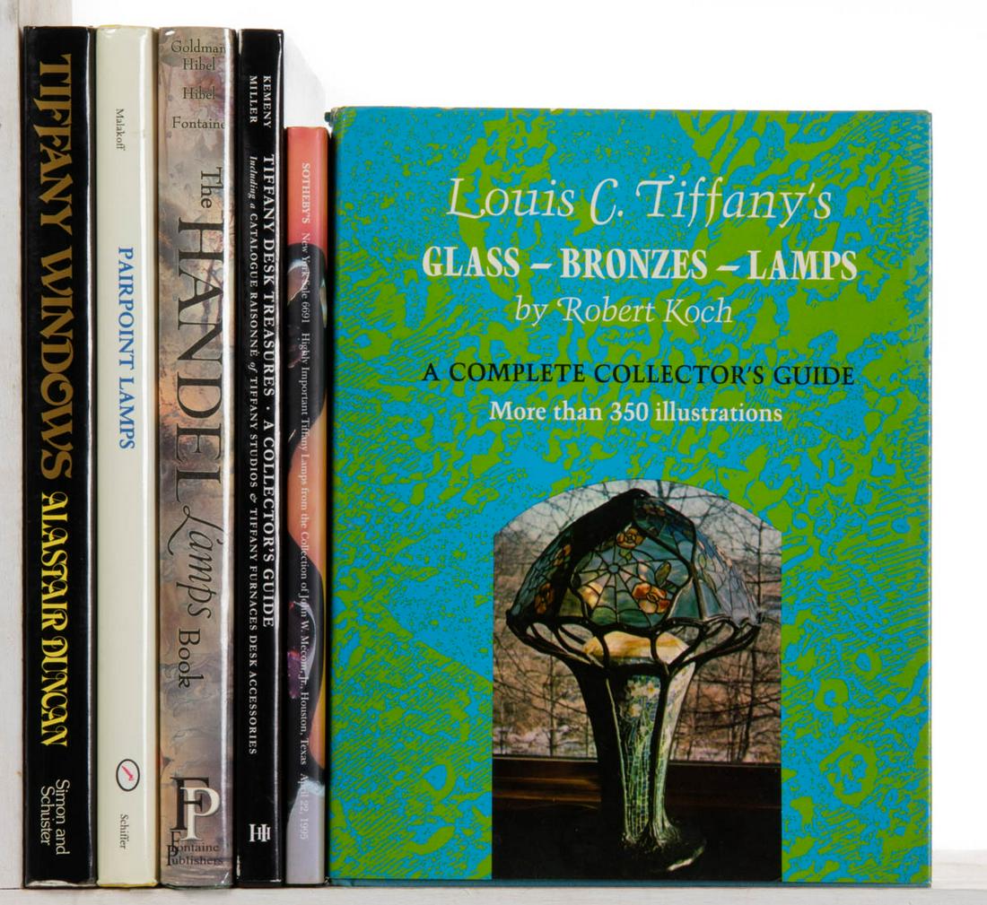 TIFFANY LAMPS AND RELATED GLASS REFERENCE VOLUMES, LOT: TIFFANY LAMPS AND RELATED GLASS REFERENCE VOLUMES, LOT OF SIX, including Sotheby's, "Highly Important Tiffany Lamps from the Collection of John W. Mecom, Jr., Houston, Texas"; Kemeny and Miller, "Tiff