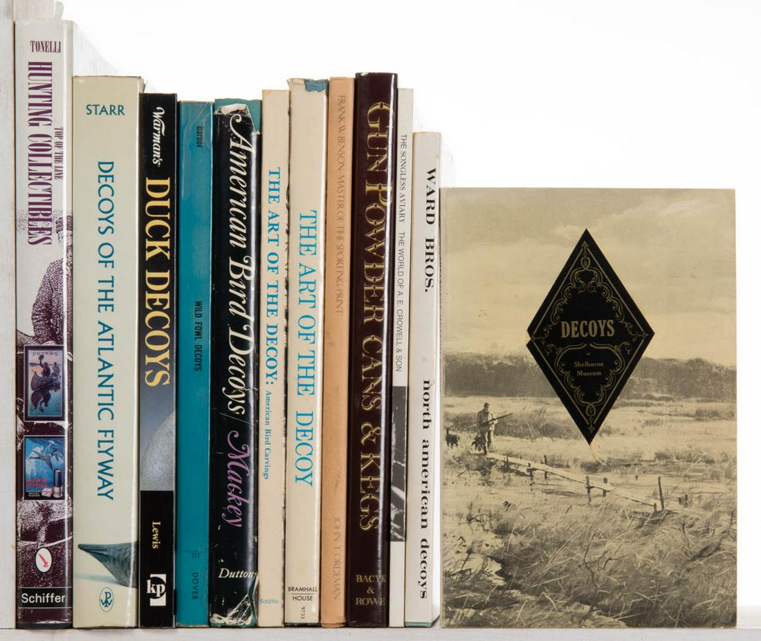 DECOY AND SPORTING REFERENCE VOLUMES, LOT OF 12: DECOY AND SPORTING REFERENCE VOLUMES, LOT OF 12, including the Bacyks and Rowe, "Gun Powder Cans & Kegs"; Heritage Plantation of Sandwich, "The Songless Aviary: The World of A.E. Crowell & Son". CONDI