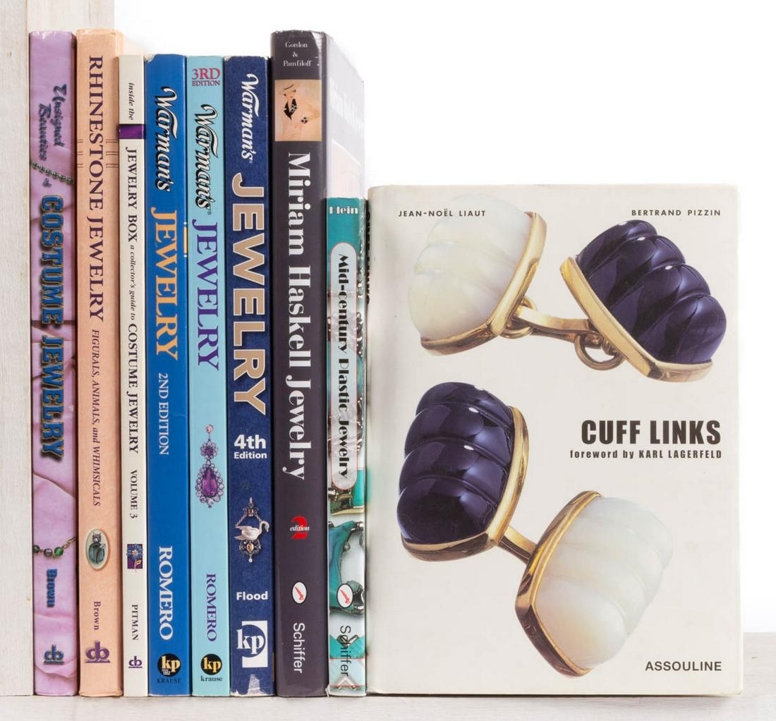 VINTAGE JEWELRY REFERENCE VOLUMES, LOT OF NINE: VINTAGE JEWELRY REFERENCE VOLUMES, LOT OF NINE, including Pizzin and Liaut, "Cuff Links"; Klein, "Mid-century Plastic Jewelry"; and Gordon and Pamfiloff, "Miriam Haskell Jewelry", revised second editi