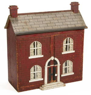 AMERICAN PAINTED WOODEN TWO-STORY DOLLHOUSE: AMERICAN PAINTED WOODEN TWO-STORY DOLLHOUSE, depicting a Federal brick farmhouse, with two hinged doors concealing a fitted interior. Retains original polychrome painted surface, with free-hand drawn