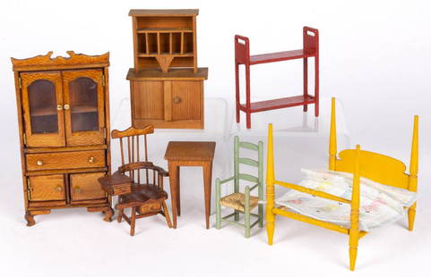 ASSORTED DOLLHOUSE / MINIATURE WOOD FURNITURE, LOT OF: ASSORTED DOLLHOUSE / MINIATURE WOOD FURNITURE, LOT OF SEVEN, comprising a yellow-painted poster rope bed, a green-painted ladder-back chair with rush seat and "[Ma]de in Germany" paper label to unders