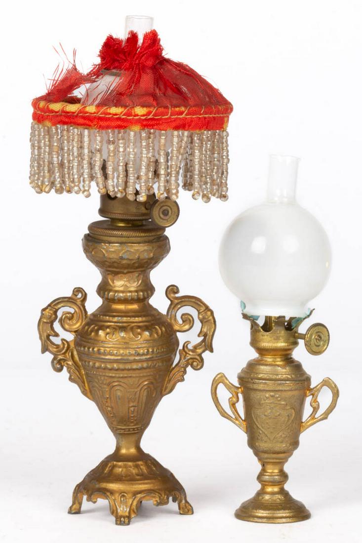 DOLLHOUSE / MINIATURE METAL OIL LAMPS, LOT OF TWO (1 of 2)