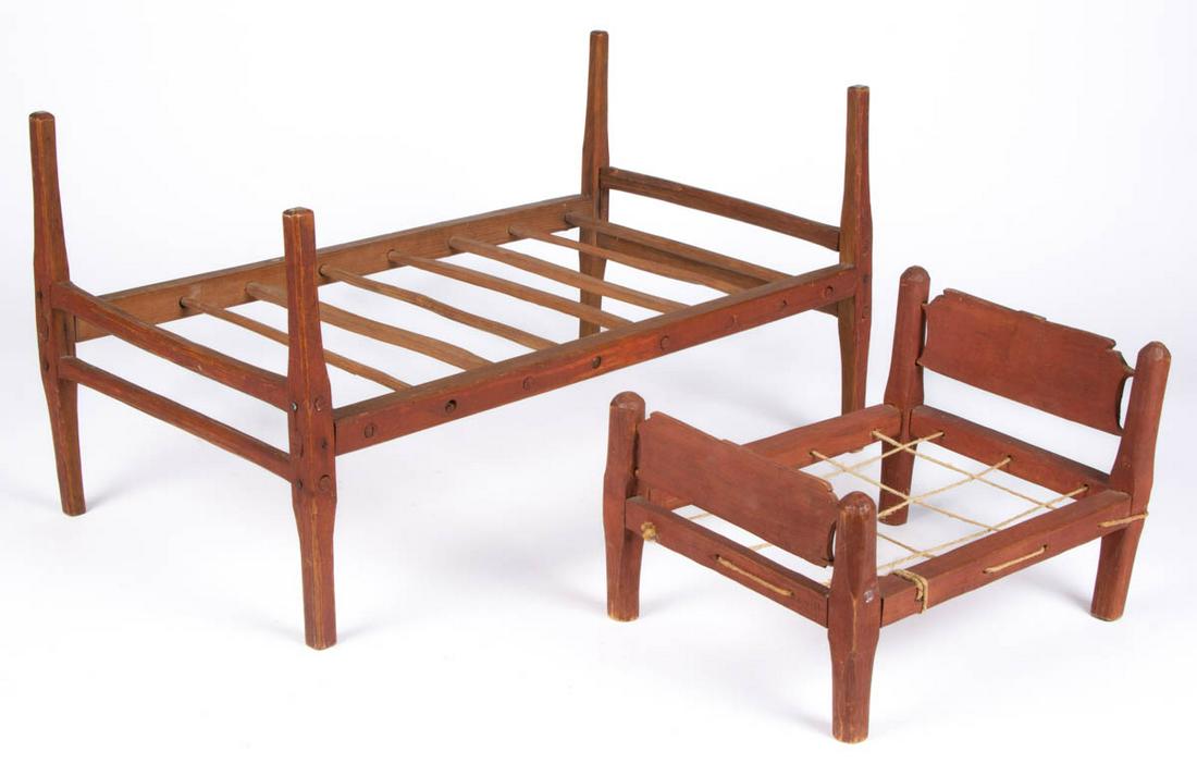 NEW ENGLAND RED-PAINTED DOLL BEDS, LOT OF TWO (1 of 3)