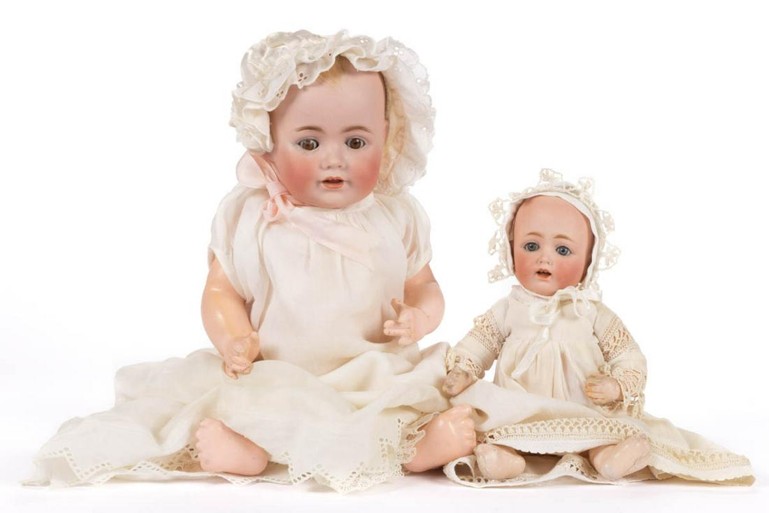J. D. KESTNER GERMAN BISQUE-HEAD JOINTED CHARACTER BABY: J. D. KESTNER GERMAN BISQUE-HEAD JOINTED CHARACTER BABY DOLLS, LOT OF TWO, each with a socket head with incised markings, small example with dome head "Made in Germany / J. D. K. / 257." and large exa