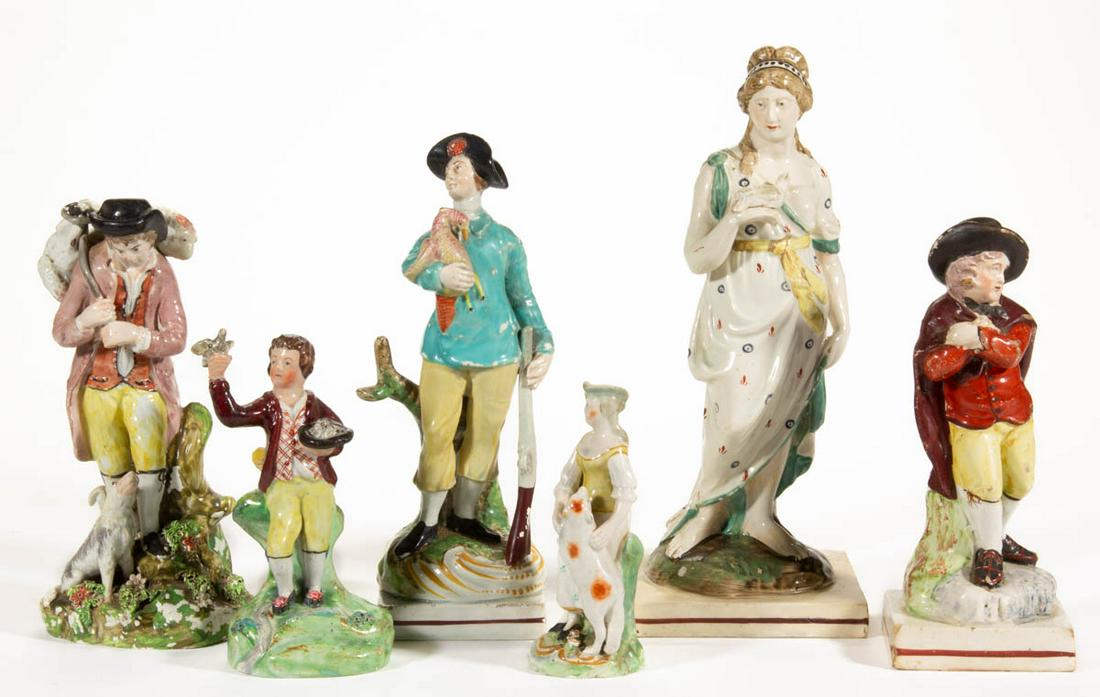 ENGLISH STAFFORDSHIRE HAND-PAINTED CERAMIC FIGURES, LOT: ENGLISH STAFFORDSHIRE HAND-PAINTED CERAMIC FIGURES, LOT OF SIX, comprising three examples standing on square bases including Venus holding a dove on right hand, a hunter holding a bird in right hand w