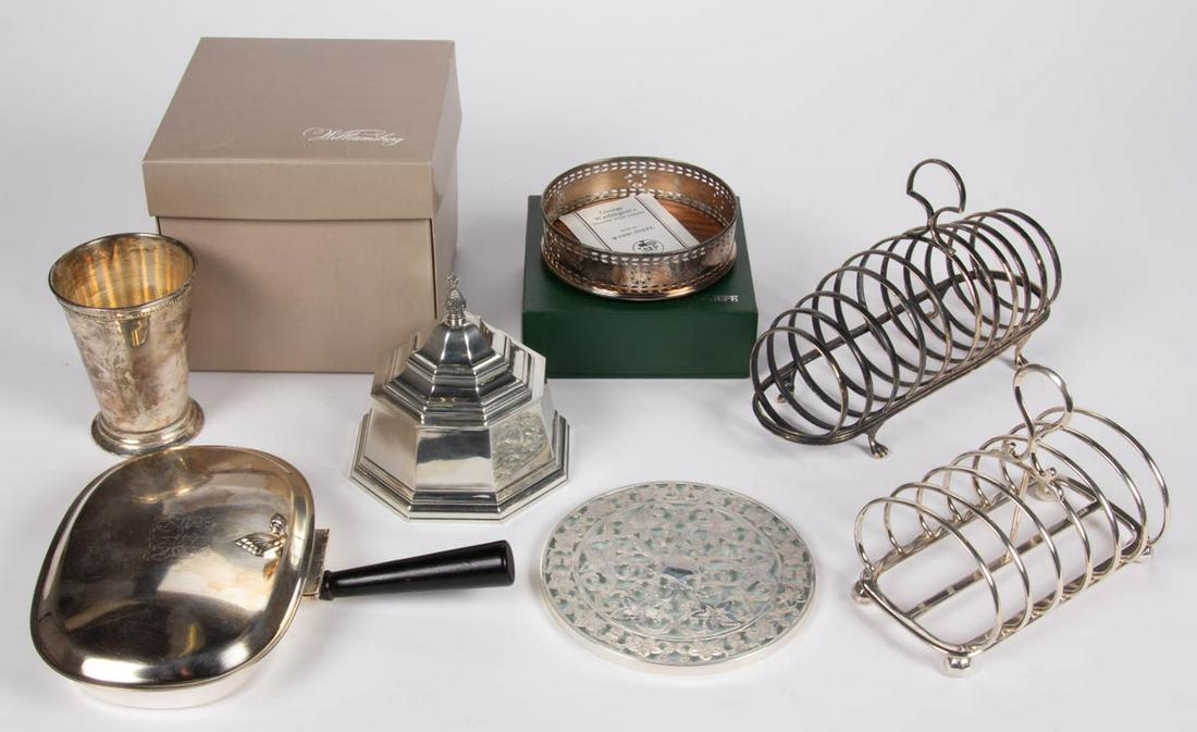 AMERICAN AND OTHER STERLING, SILVER-PLATED, AND PEWTER: AMERICAN AND OTHER STERLING, SILVER-PLATED, AND PEWTER ARTICLES, LOT OF SEVEN, comprising a sterling silver-overlay glass trivet by Webster Co. of North Attleboro, MA, a silver-plated Smithsonian repr