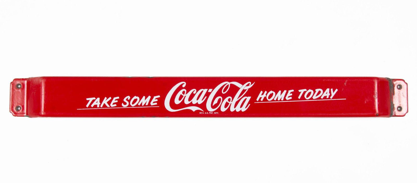 COCA-COLA PORCELAIN ADVERTISING DOOR PUSH: COCA-COLA PORCELAIN ADVERTISING DOOR PUSH, the red and white horizontal form bearing Coca-Cola logo and "TAKE SOME / HOME TODAY!" slogan. Circa 1950. 3 1/4" x 32". Provenance: Part Two - The Americana