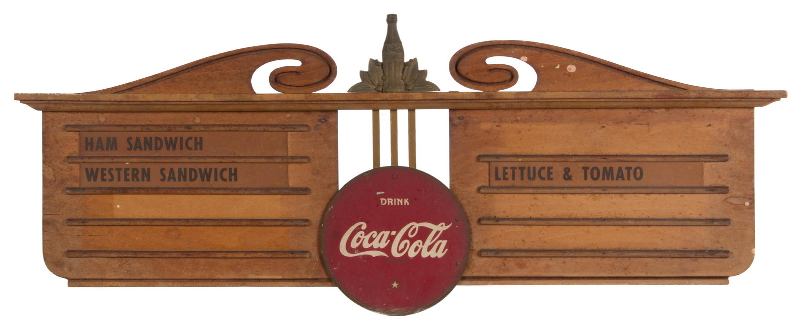 WOODEN KAY DISPLAYS COCA-COLA ADVERTISING MENU BOARD: WOODEN KAY DISPLAYS COCA-COLA ADVERTISING MENU BOARD, retaining three original printed cardboard menu strips, marked "CREATED BY / KAY DISPLAYS, INC. / GRAND RAPIDS, MICHIGAN" to reverse. Circa 1940. 