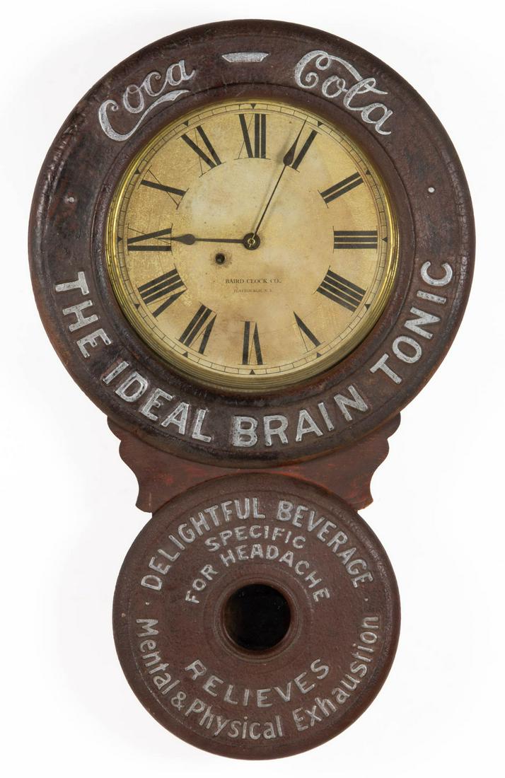 RARE BAIRD PLATTSBURG-ERA COCA-COLA ADVERTISING: RARE BAIRD PLATTSBURG-ERA COCA-COLA ADVERTISING "FIGURE-EIGHT" STORE CLOCK, early version with original printed paper dial and composition bezels, brass movement. Retains original printed paper label 