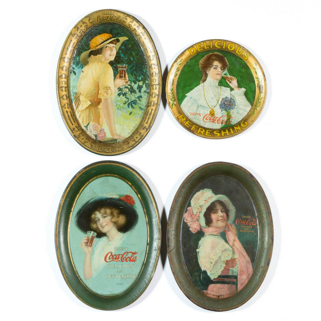 ANTIQUE / VINTAGE LITHOGRAPHED TIN COCA-COLA: ANTIQUE / VINTAGE LITHOGRAPHED TIN COCA-COLA ADVERTISING TIP TRAYS, LOT OF FOUR, each featuring a portrait of a woman, comprising two marked for Wolf & Co. of Philadelphia, PA with one copyrighted 190