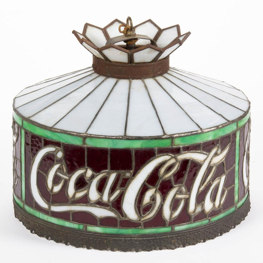 COCA-COLA ADVERTISING LEADED-GLASS LEAF EDGE HANGING: COCA-COLA ADVERTISING LEADED-GLASS LEAF EDGE HANGING LAMP, ten-point white crown, connected by a metal collar, faintly stamped "Property of The Coca-Cola Company to be returned on demand", 20-panel to
