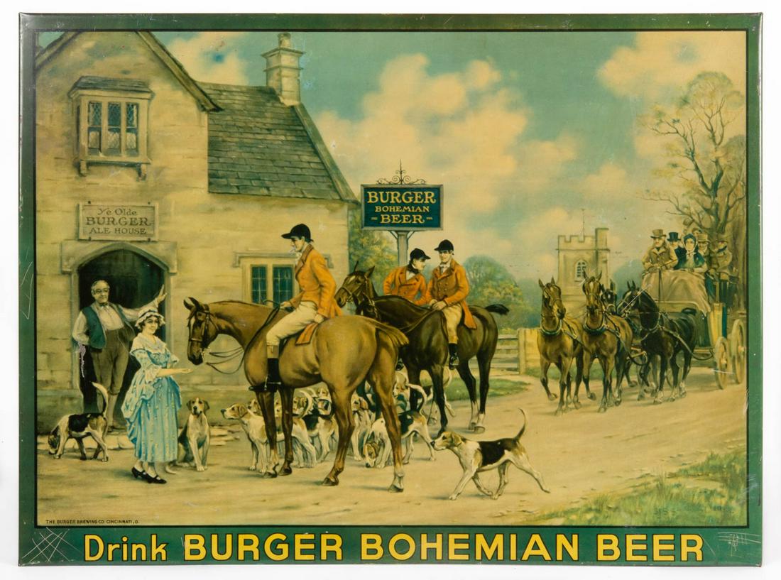 THE BURGER BREWING CO., CINCINNATI, OHIO TIN LITHOGRAPH: THE BURGER BREWING CO., CINCINNATI, OHIO TIN LITHOGRAPH ADVERTISING SIGN, titled "DRINK BURGER BOHEMIAN BEER", depicting an English fox hunting scene. American Art Works, Inc., Coshocton, OH. Circa 19