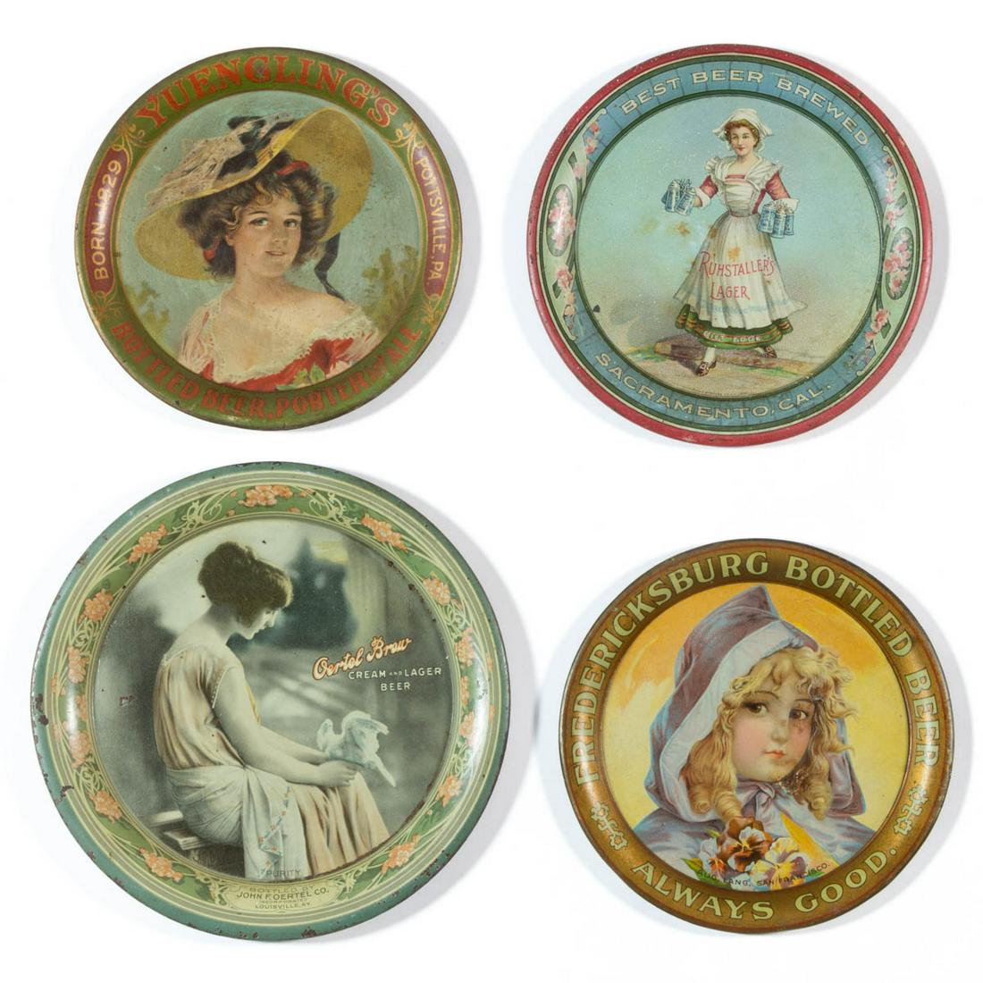 ANTIQUE / VINTAGE LITHOGRAPHED TIN BREWERY ADVERTISING: ANTIQUE / VINTAGE LITHOGRAPHED TIN BREWERY ADVERTISING TIP TRAYS, LOT OF FOUR, comprising Yuengling's, Oertel Brew, Ruhstaller's Lager, and Fredericksburg Bottled Beer. First quarter 20th century. 4 1