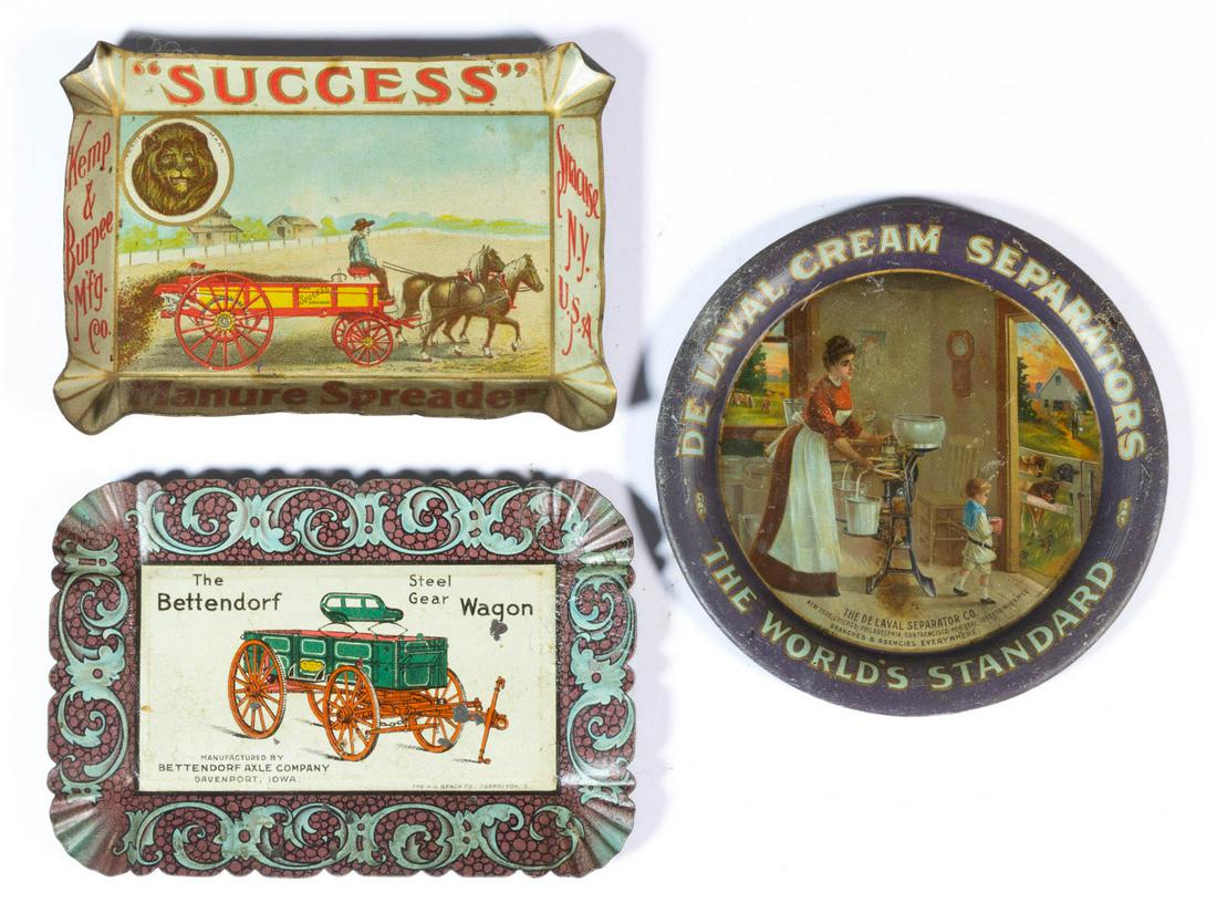 ANTIQUE / VINTAGE LITHOGRAPHED MACHINERY ADVERTISING: ANTIQUE / VINTAGE LITHOGRAPHED MACHINERY ADVERTISING TIP TRAYS, LOT OF THREE, comprising a De Laval Cream Separators example, a "Success" Manure Spreader by Kemp & Burpee Mfg. Co. example, a Bettendor