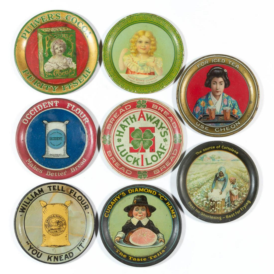 ANTIQUE / VINTAGE LITHOGRAPHED FOOD AND BEVERAGE: ANTIQUE / VINTAGE LITHOGRAPHED FOOD AND BEVERAGE ADVERTISING TIP TRAYS, LOT OF EIGHT, including a C.D. Kenny Co. Cheon tea example, a Hathaway's Luck Loaf bread example, a Pulver's Cocoa example, a Wi