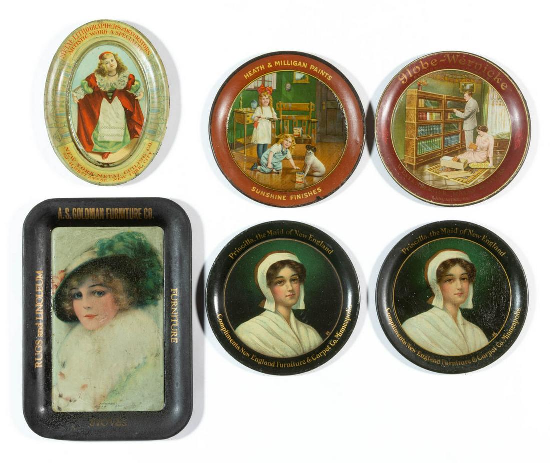 ANTIQUE / VINTAGE LITHOGRAPHED FURNITURE AND OTHER: ANTIQUE / VINTAGE LITHOGRAPHED FURNITURE AND OTHER ADVERTISING TIP TRAYS, LOT OF SIX, comprising two New England Furniture & Carpet Co. examples, a Globe-Wernickle Sectional Bookcases example, an A.S.