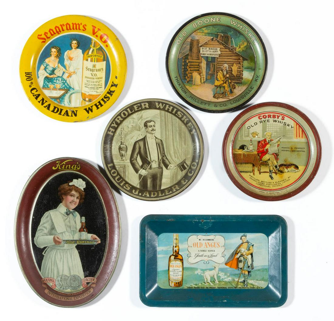 ANTIQUE / VINTAGE LITHOGRAPHED WHISKEY AND OTHER: ANTIQUE / VINTAGE LITHOGRAPHED WHISKEY AND OTHER ADVERTISING TIP TRAYS, LOT OF FIVE, comprising an Old Boone Whiskey, a Corby's Old Rye Whisky, a Seagram's V.O. Canadian Whisky, an Old Angus Scotch Wh