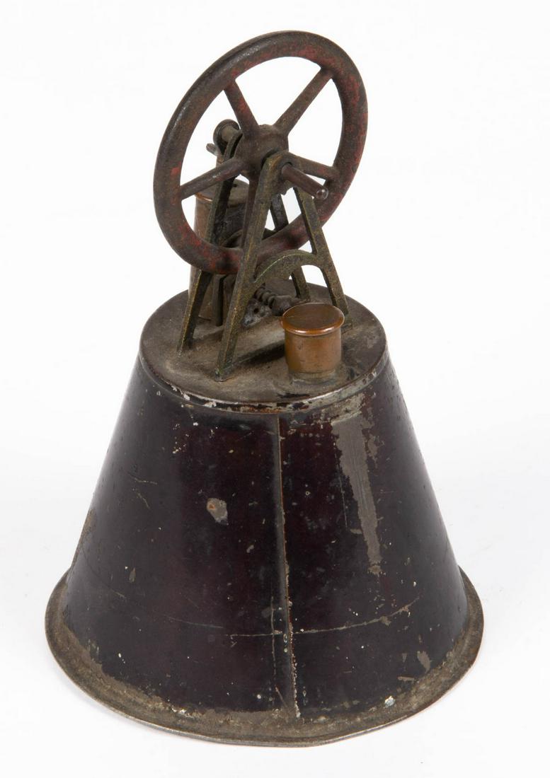 SHEET IRON AND METAL OSCILLATING STEAM / THIMBLE ENGINE: SHEET IRON AND METAL OSCILLATING STEAM / THIMBLE ENGINE, cast metal fly-wheel supported by frame, retains traces of original red paint, copper and brass, mounted on a conical-form sheet-iron thimble-f