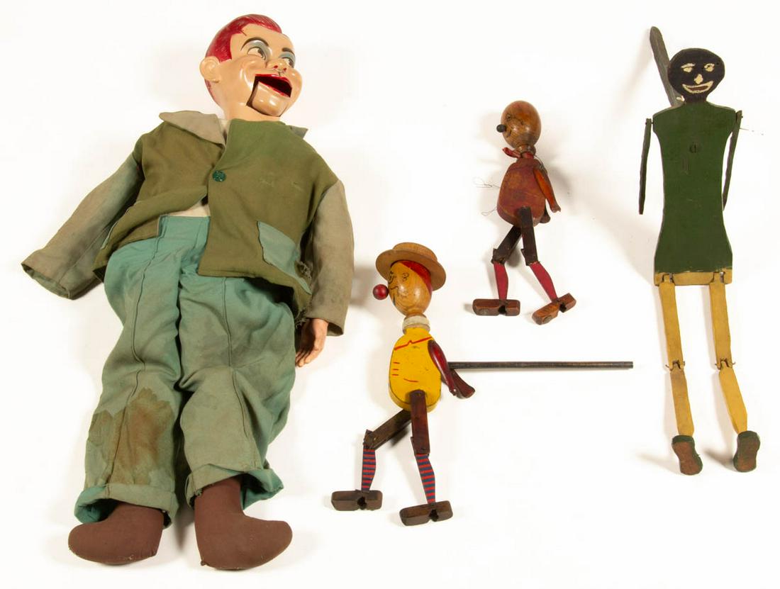 VINTAGE AMERICAN VENTRILOQUIST DUMMY / WHIMSIES, LOT OF: VINTAGE AMERICAN VENTRILOQUIST DUMMY / WHIMSIES, LOT OF FOUR, including folk art Black Americana example, and Howdy Doody. 20th century. Black Americana 22" HOA. Provenance: From a Washington, DC priv