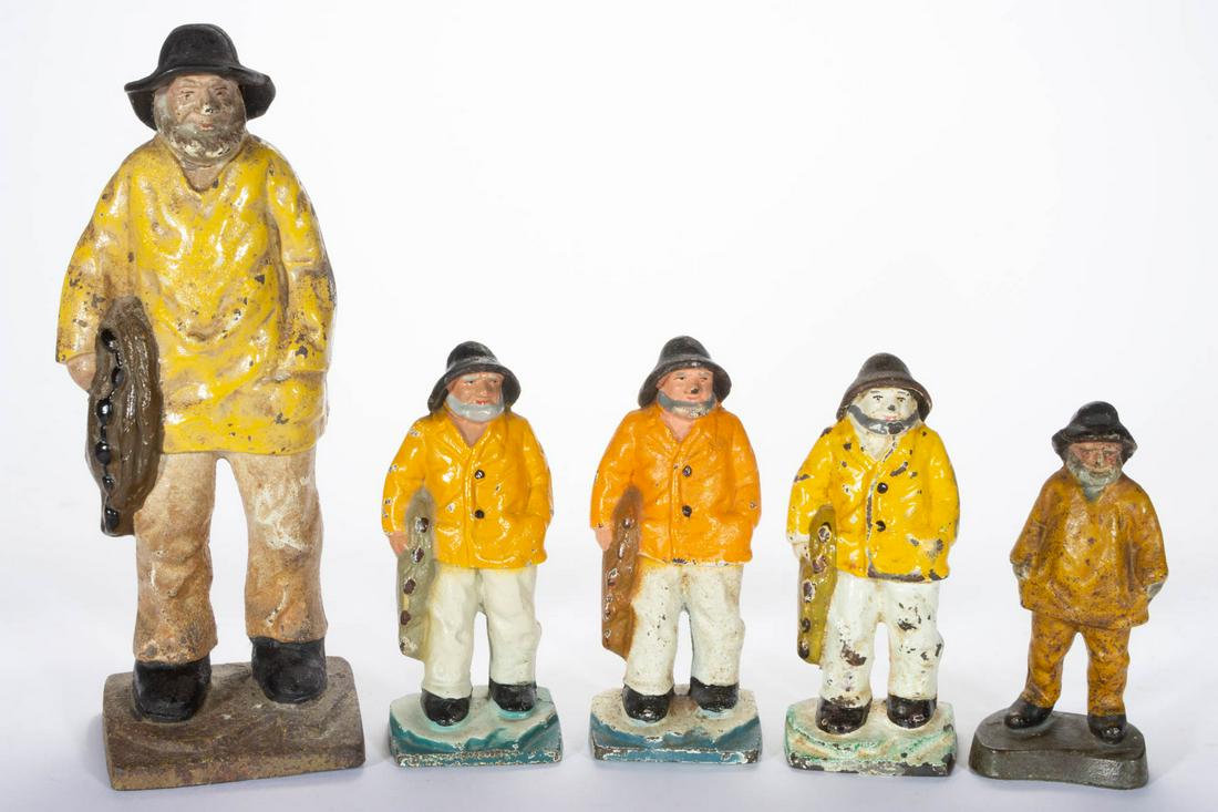 ASSORTED CAST-IRON FIGURAL FISHERMEN DOORSTOPS, LOT OF: ASSORTED CAST-IRON FIGURAL FISHERMEN DOORSTOPS, LOT OF FIVE, each with original paint decoration, comprising four Old Salt With Fishing Net examples, including three small examples, and a large exampl