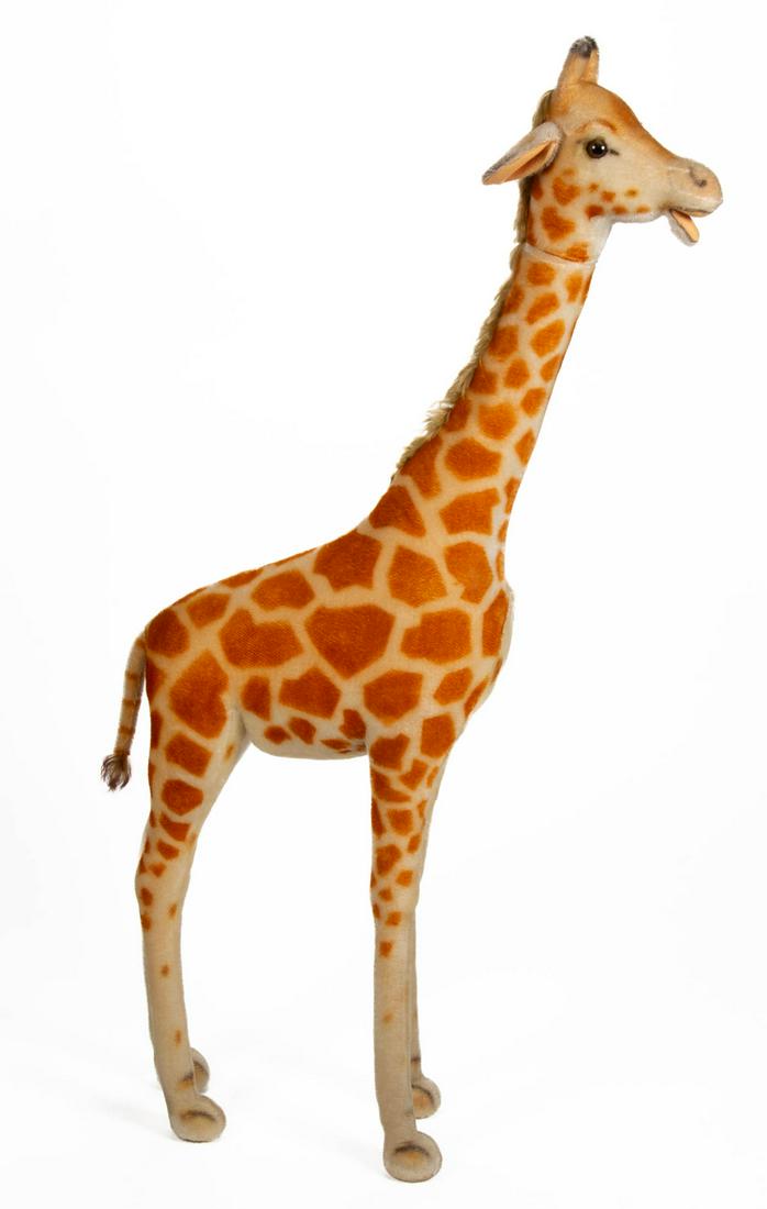VINTAGE GERMAN STEIFF LARGE STUDIO STUFFED GIRAFFE: VINTAGE GERMAN STEIFF LARGE STUDIO STUFFED GIRAFFE, mohair in blonde with brown spots, free-standing position with brown eyes and air-brush facial features, open-mouth with pink felt, rotating head. S