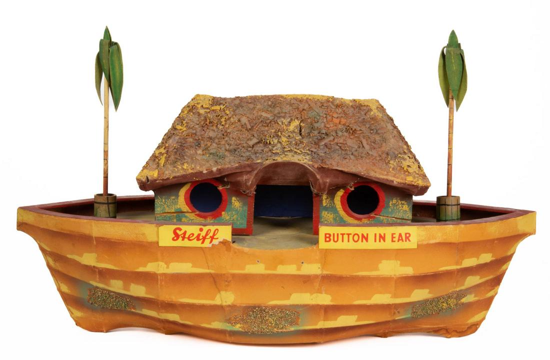 VINTAGE GERMAN STEIFF NOAH'S ARK DISPLAY: VINTAGE GERMAN STEIFF NOAH'S ARK DISPLAY, ark made from wood and canvas with polychrome-painted finish, having an unattached hut top, "Steiff" and "BUTTON IN EAR" paper label applied to each side of b