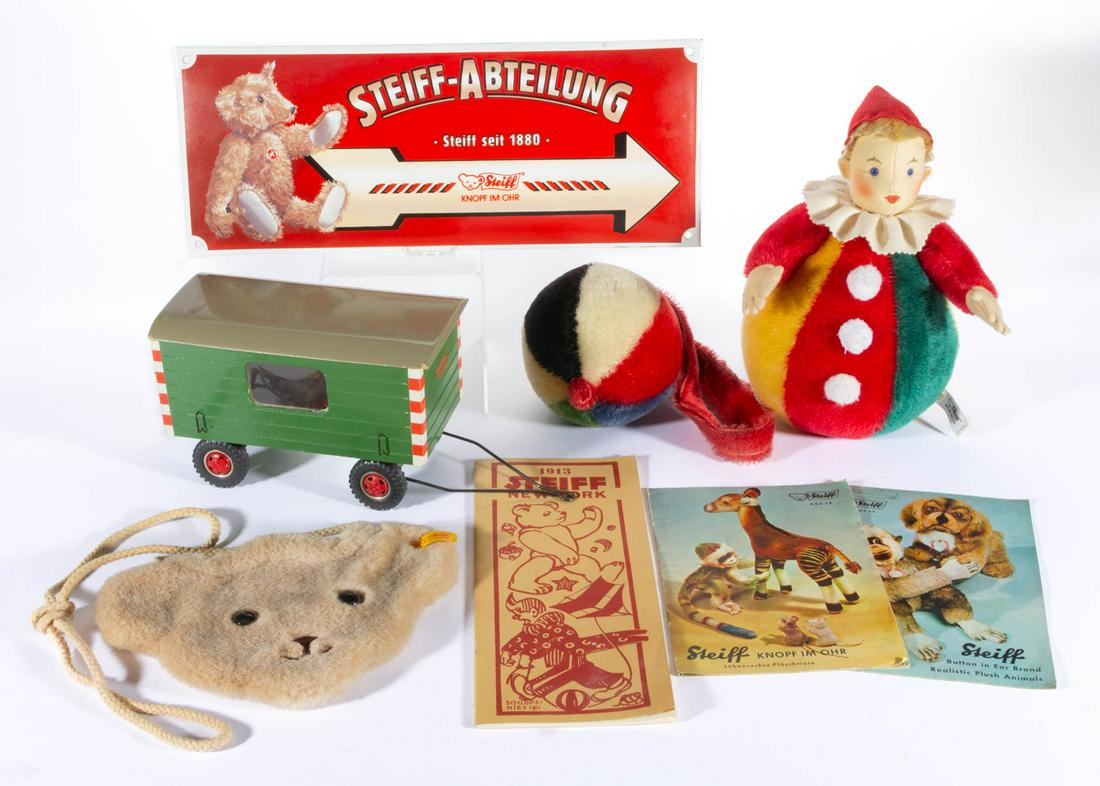 ASSORTED STEIFF AND OTHER STUFFED CHARACTER FIGURES AND: ASSORTED STEIFF AND OTHER STUFFED CHARACTER FIGURES AND EPHEMERA, LOT OF EIGHT, comprising a limited edition # 0001375 Roly-Poly clown with rattler ball, white tag marked "0116/28", retains a remnant 