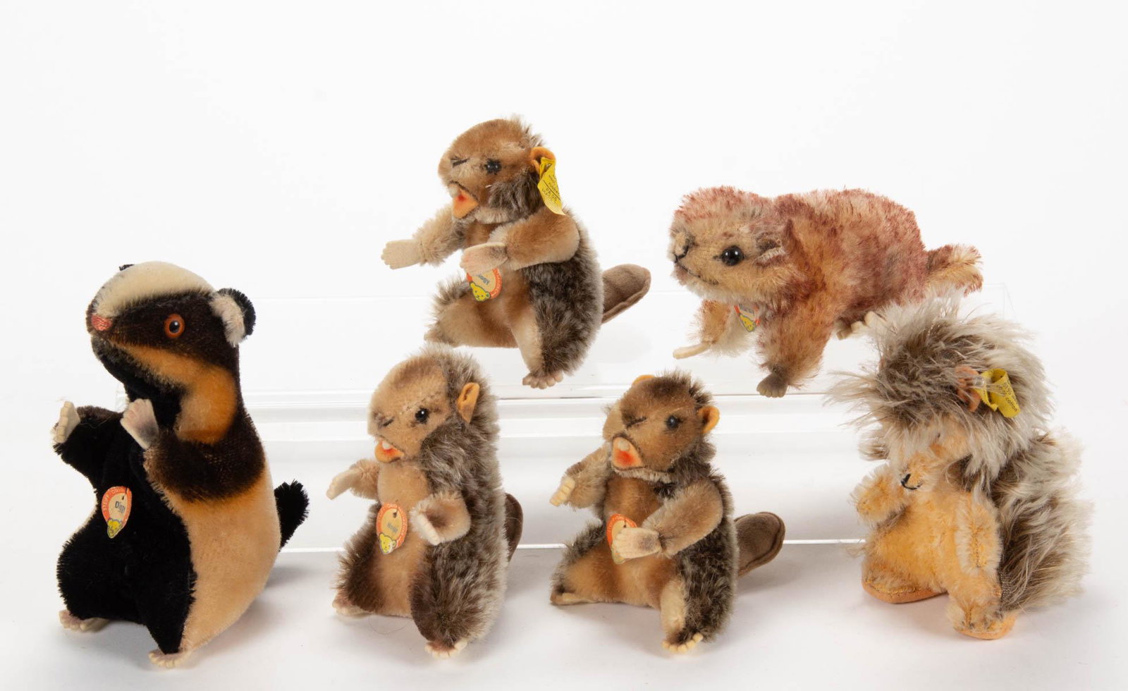 VINTAGE GERMAN STEIFF STUFFED WILD ANIMALS, LOT OF SIX: VINTAGE GERMAN STEIFF STUFFED WILD ANIMALS, LOT OF SIX, mohair in various brown tones, comprising three Nagy beavers, each retains original paper label with name "Nagy", one example's ear with a yello