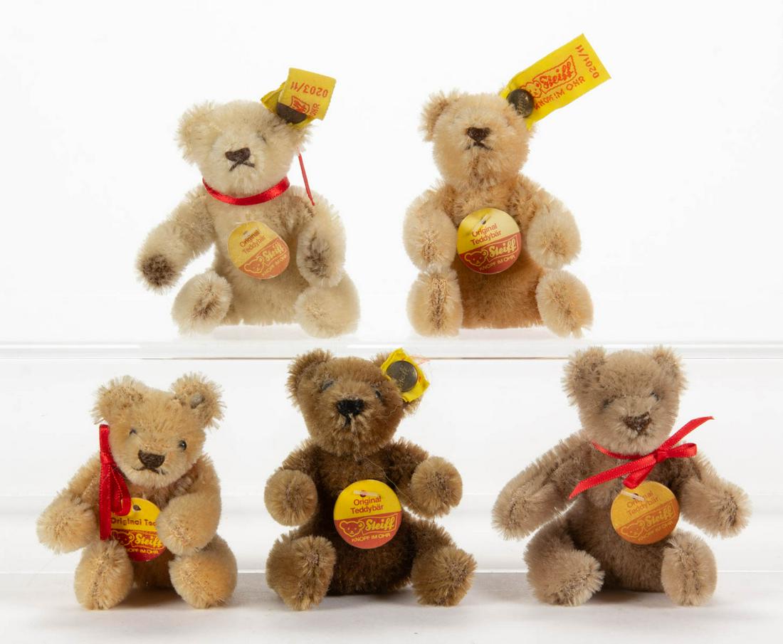 AUSTRIA AND GERMAN STEIFF MINIATURE STUFFED TEDDY: AUSTRIA AND GERMAN STEIFF MINIATURE STUFFED TEDDY BEARS, LOT OF FIVE, blonde, tan, and brown mohair, each with black button eyes and black floss noses, swivel heads, two examples with a yellow tag mar